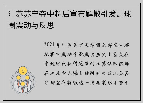 江苏苏宁夺中超后宣布解散引发足球圈震动与反思